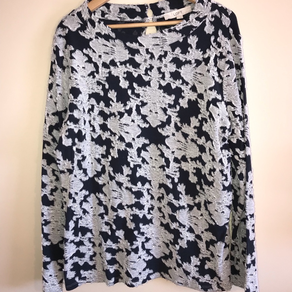 LOFT navy blue long sleeved shirt with lace detail.